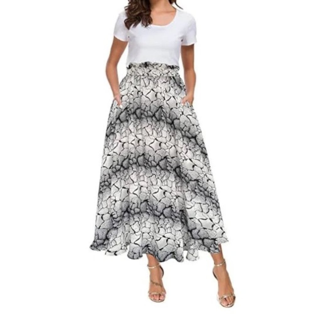 Women High Waist White Black Swing Chiffon Elastic Waist Midi Lined Long Skirt